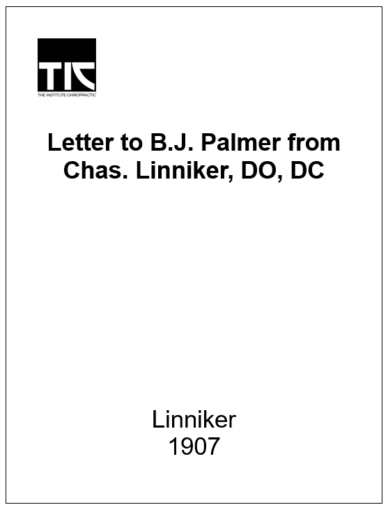 Letter to B.J. Palmer from Chas. Linniker